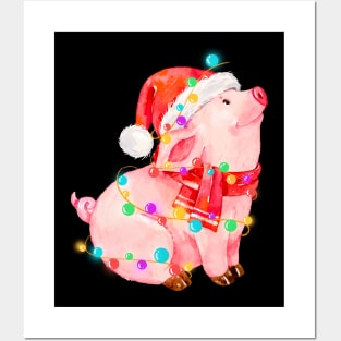 Pig Wearing Santa Hat Lights Christmas Gift For Pig Lovers Posters and Art